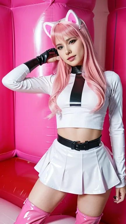  teenager with pink hair, slim model, Latex top pink ,  pleats latex skirt pink,  latex arm warmer ,  knee-high latex boots, Cat ears, bouncy castle  ,  realistic ,  femdom ,dominatrix,  mistress, sex, fuck , slave, sex toy