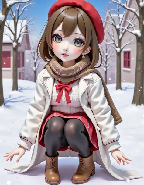 masterpiece,best quality,high quality,loli, Artist myowa,Artist alpha91,Artist hiten (hitenkei),Artist ke-ta,(mmd Style:1.1),[SD1.5 Style], 1girl, squatting, scarf, outdoors, red skirt, pantyhose, red headwear, hat, boots, looking at viewer, earrings, gree...