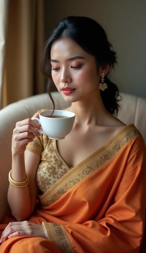 close up a woman sitting on the sofa taking the tea , wear attractive clothes neck blouse qnd saree, good figure,