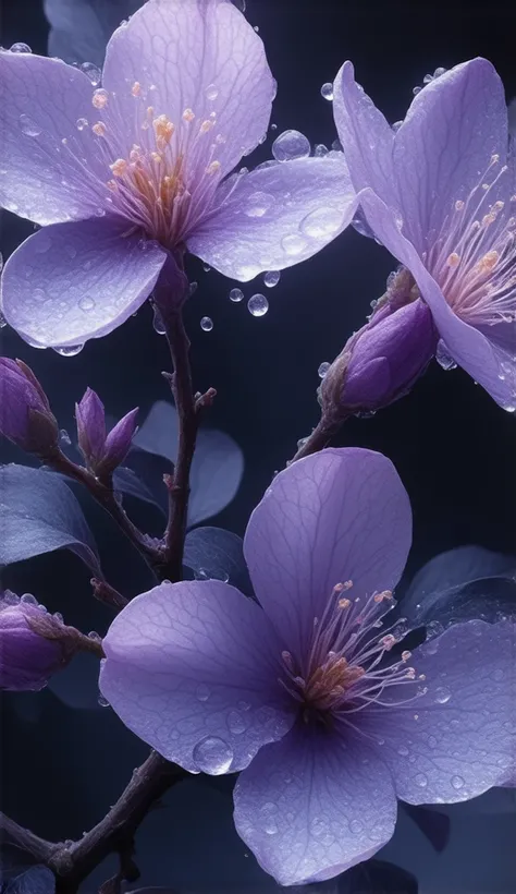  Delicate lilac flowers, Ultra-transparent,  Sacred Light ,  Beautiful Spectral Light , Petals Shine, Blink,  black background、Jet black background, Transparent Drops of Light, Reflected Light,  bright , light streaming in, Optics,  Portrait Profile ,  Sha...