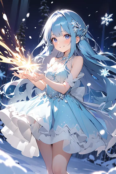 1 girl, (cute face), young magical girl, (long flowing hair), (bright smile), (medium breasts), slim, (wearing a sparkling winter-themed magical outfit), ankle-length, (ice crystal embellishments),  
BREAK  
Snowy landscape, twinkling stars above, (casting...