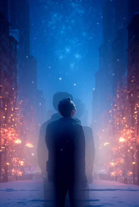 A young businessman Back view　looking up at the night sky in the light of illuminations on a snowy night