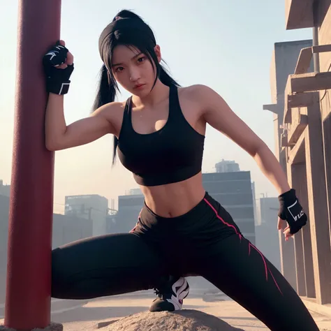 A 20-year-old woman with black hair in a ponytail, wearing a sporty headband and a sleek athletic outfit consisting of a fitted tank top and leggings, her slim and toned physique showing her dedication, climbing a challenging obstacle in a dynamic and dete...