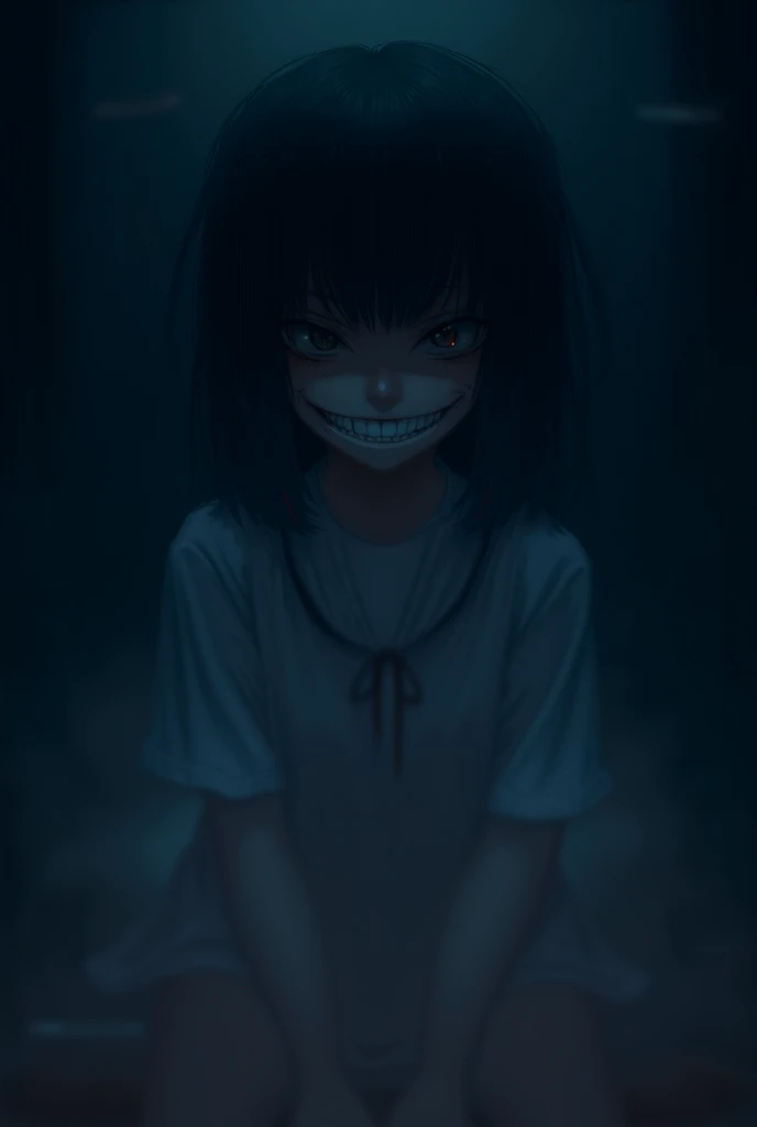 a girl sitting with a knife and a creepy grin. (anime style, hd, full 4k, blood stain)