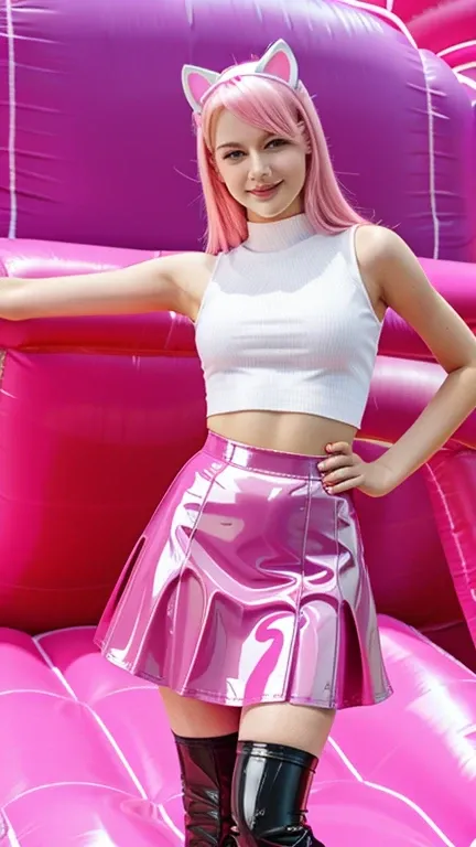  teenager with pink hair, slim model, Latex top pink ,  pleats latex skirt pink,  latex arm warmer ,  knee-high latex boots, Cat ears, bouncy castle  ,  realistic , 