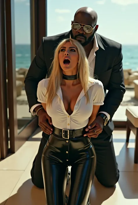 Kim Kardashian with long straight blonde hair in a tight white polo shirt and with collar , with large cleavage,  in tight black latex leggings and in black over the knee  ,.and a black wide belt ,  Kim is wearing round glasses with clear lenses ,   black ...