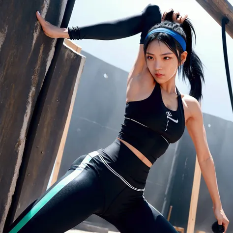 A 20-year-old woman with black hair in a ponytail, wearing a sporty headband and a sleek athletic outfit consisting of a fitted tank top and leggings, her slim and toned physique showing her dedication, climbing a challenging obstacle in a dynamic and dete...