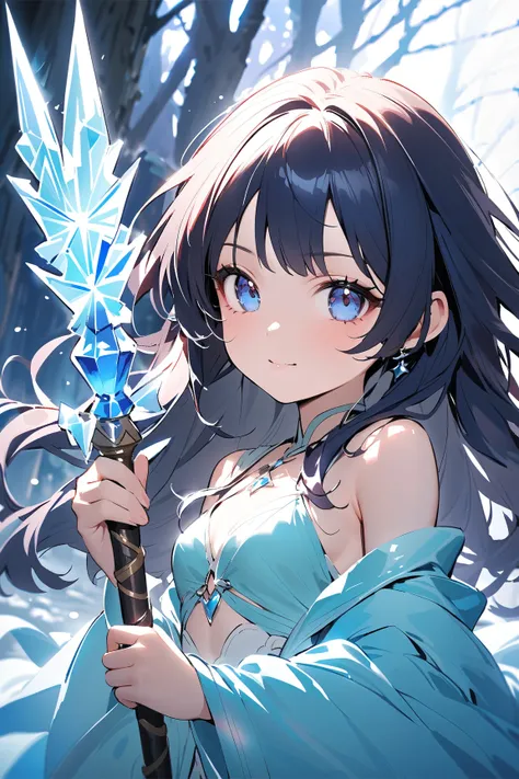 1 girl, (cute face), young magical girl, (shoulder-length hair), (determined expression), (small breasts), slim, (wearing an elegant ice mage robe), knee-length, (shimmering fabric),  
BREAK  
Frozen forest, glistening ice trees, (raising a magical staff:1...