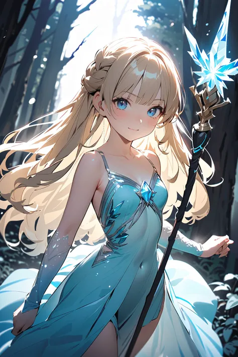 1 girl, (cute face), young magical girl, (shoulder-length hair), (determined expression), (small breasts), slim, (wearing an elegant ice mage robe), knee-length, (shimmering fabric),  
BREAK  
Frozen forest, glistening ice trees, (raising a magical staff:1...