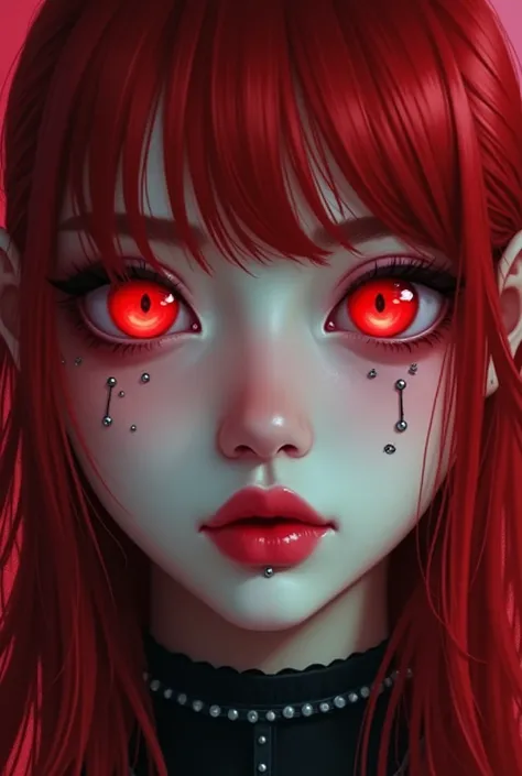 a close up of a woman with red hair and piercings, a digital painting inspired by Sim Sa-jeong, tumblr, gothic art, ((red)) baggy eyes, crimson red hair and red eyes, with glowing red eyes, cruel korean goth girl, portrait of jossi of blackpink, with red g...