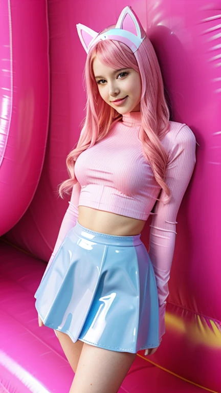  teenager with pink hair, slim model, Latex top pink ,  pleats latex skirt pink,  latex arm warmer ,  knee-high latex boots, Cat ears, bouncy castle  ,  realistic , 