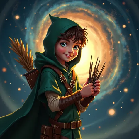 Little teen Robin hood with hoodie and he holds many long записки и летающие записки and showing it to us lookaing to the camera little smiling and behind him is a big beautiful detailen spiral galaxy 