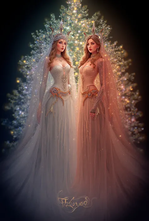 Light goddess and Fury goddess of Shaiya world drawning designed with Christmas stuff, Like Lights, Christmas tree