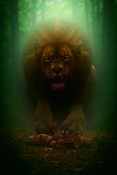 Draw a picture of a big lion eating an animal in the forest.but the size of the picture is as TikTok video 