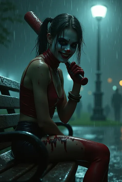   A young Harley Quinn     ,     faded and worn clown makeup   ,        with a bloody baseball bat     ,        perverse look and Maleficent smile      , Psychotic look ,     very thin and slender body      ,   sitting on a park bench , Its night and its r...