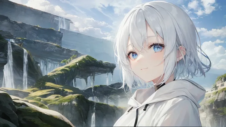  white hoodie 、 black shirt 、Ultra HD, Watch viewers with a beautiful sunset in the background , and, 20 years old, 非常に short hair,  long bangs between eyes, Pale blue eyes,  very detailed,(masterpiece、 top quality ),Gray Hair、Laughter、 amazing on the beac...