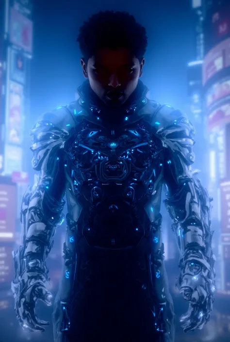 "Design an image of a young Indian male, under 25, with sharp, handsome features and a fit, athletic build. He is a high-tech AI-powered android cyborg superhero, exuding a futuristic and modern vibe. His sleek, advanced armor is intricately detailed, comb...