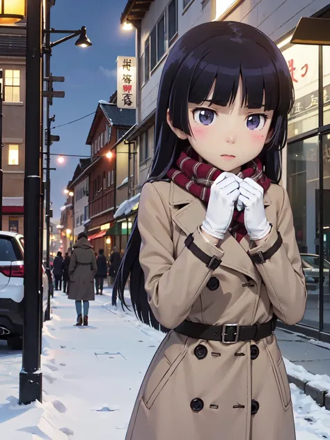 ruri gokou ,   1 girl , Alone,   long hair, hime cut,  黒 hair, ( Trench Coat ), ( scarf), winter,  snows, Sophisticated, All, gloves, Cityscape, evening,  soft light, Elegant
