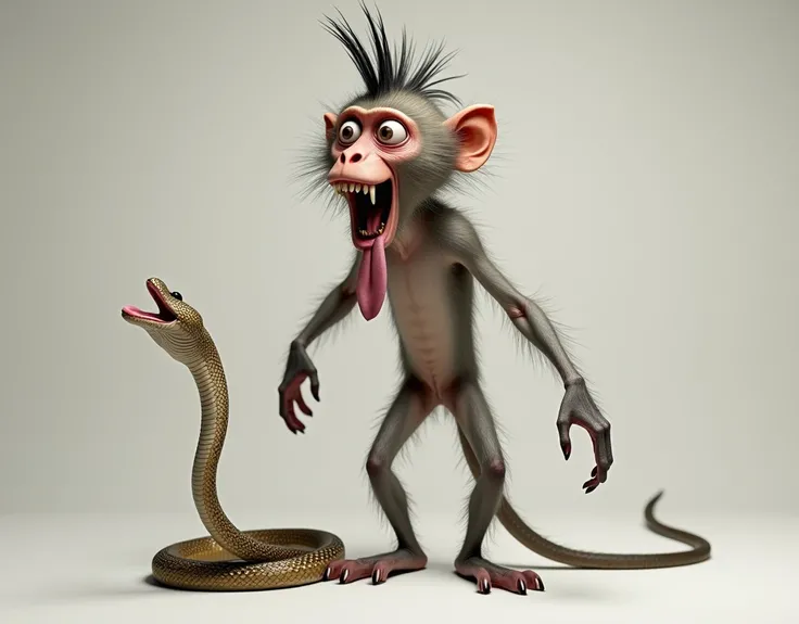  Real photo Gray spotted skinny macaque,  full-length anthropomorphic monkey , , terribly cute ,  with huge burning eyes ,  skewed mouth ,  with crooked teeth ,  with her falling out tongue , Mohawk hairstyle, , a dwarf viper snake :  opens her mouth ,  mo...