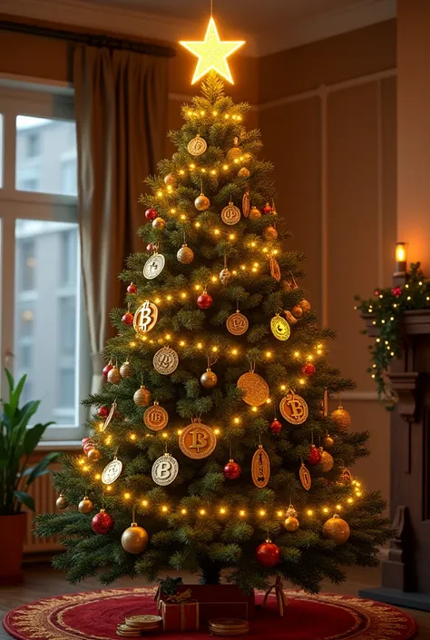 A Christmas tree decorated with Bitcoin ornaments, with a glowing Bitcoin star on top. Festive, warm, inviting