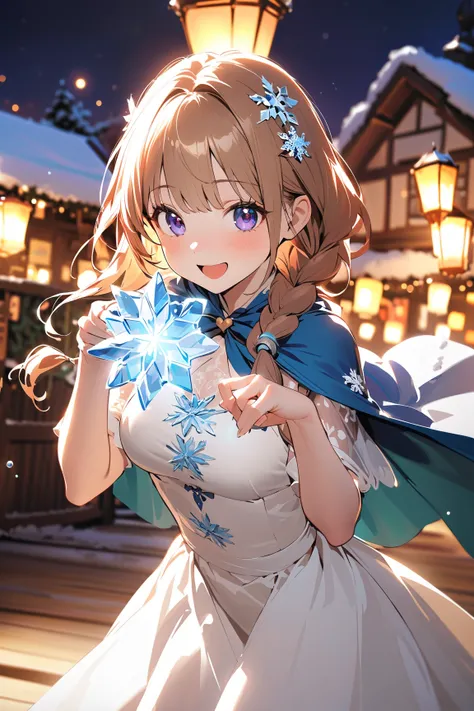 1 girl, (cute face), young magical girl, (long braided hair), (excited expression), (large breasts), slim, (wearing a winter-themed costume with a cape), floor-length, (snowflake motifs),  
BREAK  
Magical snowy village, lanterns glowing, (dancing joyfully...