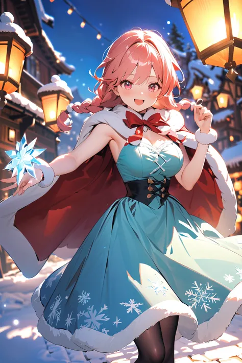 1 girl, (cute face), young magical girl, (long braided hair), (excited expression), (large breasts), slim, (wearing a winter-themed costume with a cape), floor-length, (snowflake motifs),  
BREAK  
Magical snowy village, lanterns glowing, (dancing joyfully...