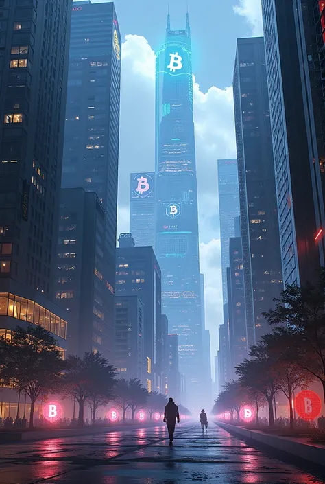 A futuristic cityscape with holographic Bitcoin symbols floating in the air. Cyberpunk style, neon lights, sleek design