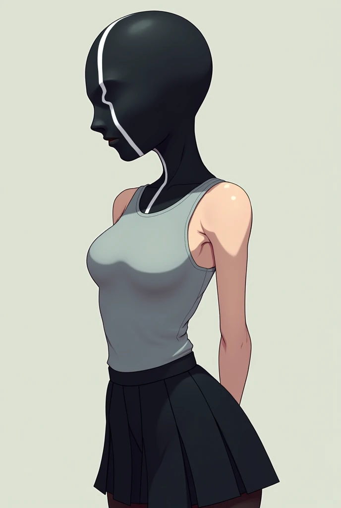 (Anime) woman, spandex mask with vertical white stripe in centre of the mask over entire head, full face covered, entire head covered, eyeless, arms behind back, black tights, pleated skirt, light grey tank top, plain light grey tank top, plain tank top, a...