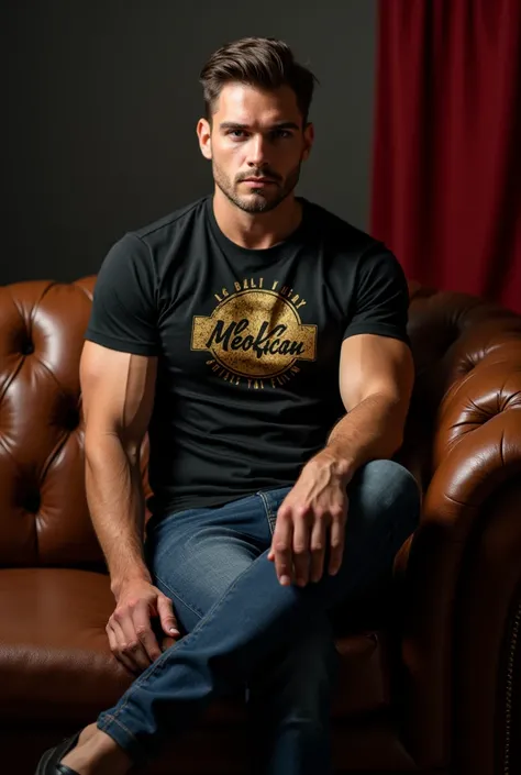 hot and sexy man in porn star casting couch branded tshirt favourite fashion outfit full body 