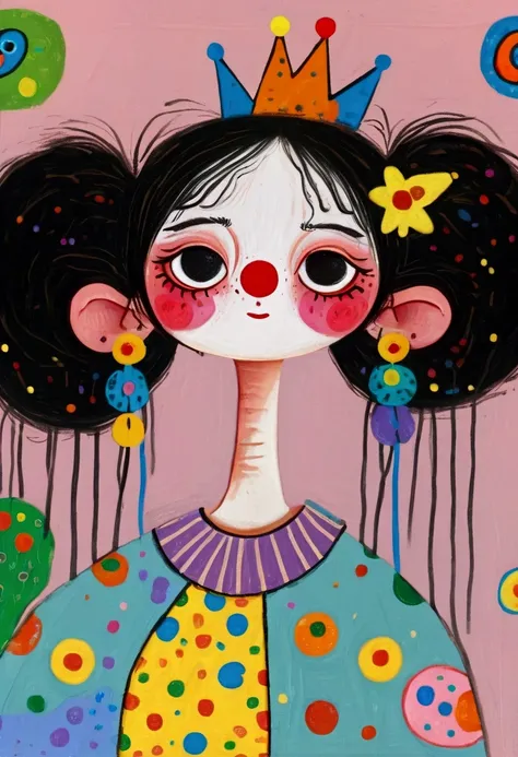 (((Childish Art，Pastel Painting，Oil painting Stick painting ，Thick coating，Texture，The black lines outline the outline)))： crazy clown girl ，2D