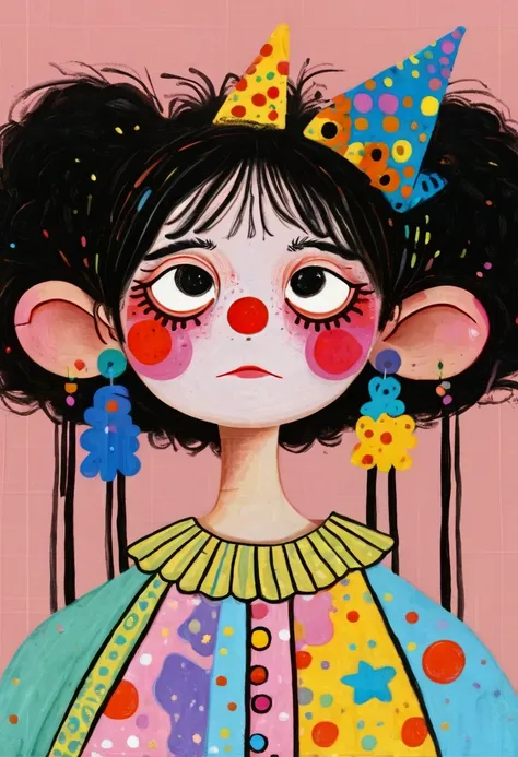 (((Childish Art，Pastel Painting，Oil painting Stick painting ，Thick coating，Texture，The black lines outline the outline)))： crazy clown girl ，2D