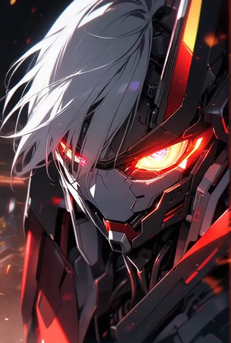 Male, android, white hair, glowing red eyes, robot