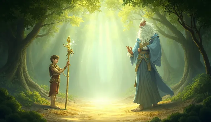 **Prompt: Describing Kael Meeting Master Eldrin**  

"Depict **Kael** meeting **Master Eldrin** for the first time in a serene clearing within the dense forest near **Eldoria Village**. The clearing is bathed in soft, golden light filtering through the can...