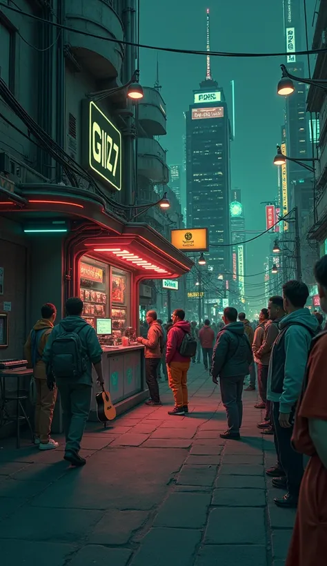 Anime illustration of a cyberpunk city street scene with full of neon lights, and futuristic buildings, featuring a futuristic city with neon lights and glowing features. The atmosphere is vibrant and bustling with people in high-tech attire, high resoluti...