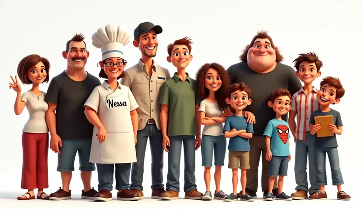 Create a Disney-Pixar style group illustration featuring a family of 11 people. The characters should be expressive, joyful, and colorful, with exaggerated Pixar-like features such as large eyes and playful proportions. Arrange the family from left to righ...