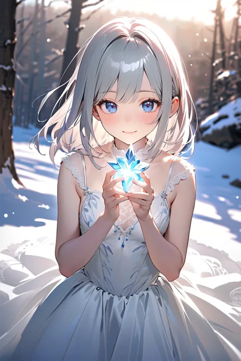 1 girl, (cute face), young magical girl, (medium-length hair), (serene look), (small breasts), slim, (wearing a magical winter dress), knee-length, (sparkling details),  
BREAK  
Snowy mountaintop, breathtaking view, (gazing into the distance:1.2), (holdin...