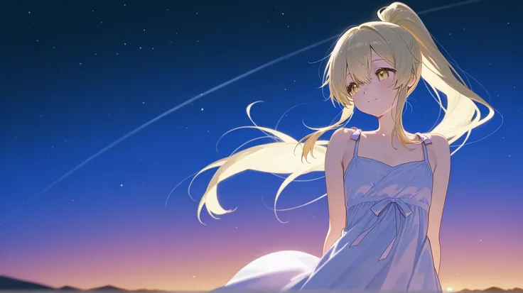  flat chest、The wind flips up the dress、 Long Ponytail 、Light yellow hair、Night Sky、I can see the side、Twilight、