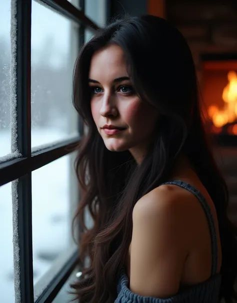 This woman,  dark hair, attractive clothing , small neckline, friendly, Kamin, Window, winter, Look out ,  realistic presentation,  best quality