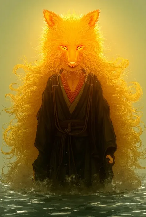  The man grows a fluffy golden hair ， The sea is divided into halves ， on his head with a pair of furry golden fox ears， behind him and nine golden fox tails ， He wears a loose black kimono ，He also holds a smoking pipe 