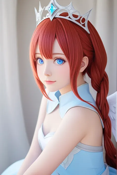 starlight princess cosplay, fair skin, smooth skin, portrait, red hair, angel, blue eyes, bright eyes, girly