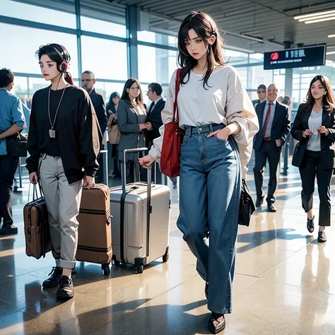 A woman is wearing loose baggy trouser. Pulling a cabin bag. Wearing a headset. At the airport. Show full body.