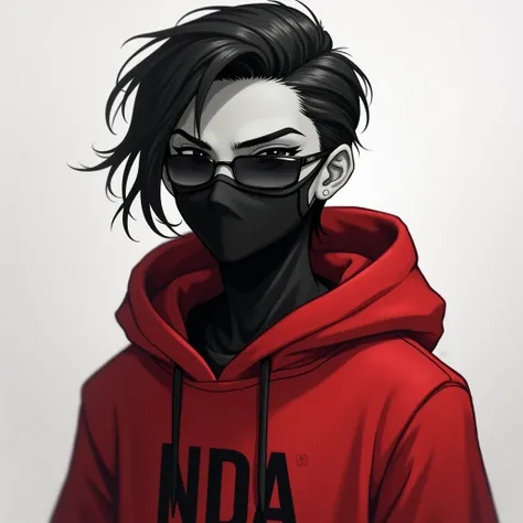 A monochromatic digital artwork featuring a boy age 25 and with a serious expression, wearing a black face mask and a red  hoodie. The character has sleek black hair and futuristic sunglasses . The hoodie has a unique design of a NDA🦹🏻 . The background is ...