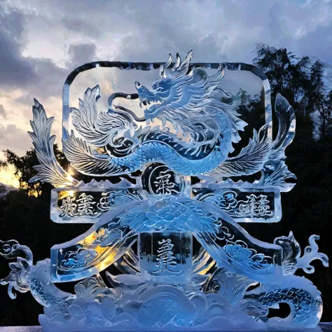 Ice Sculpture，Auspicious Clouds，dragon，Waves，Chinese pattern，colored lights，night