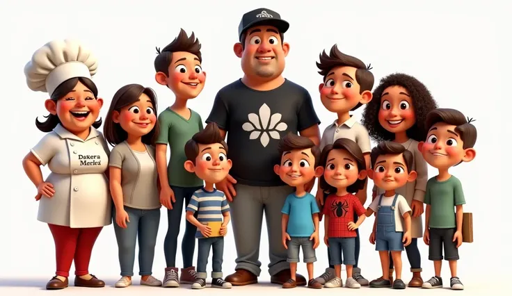 Create a Disney-Pixar style group illustration featuring a family of 11 people. The characters should be expressive, joyful, and colorful, with exaggerated Pixar-like features such as large eyes and playful proportions. Arrange the family from left to righ...