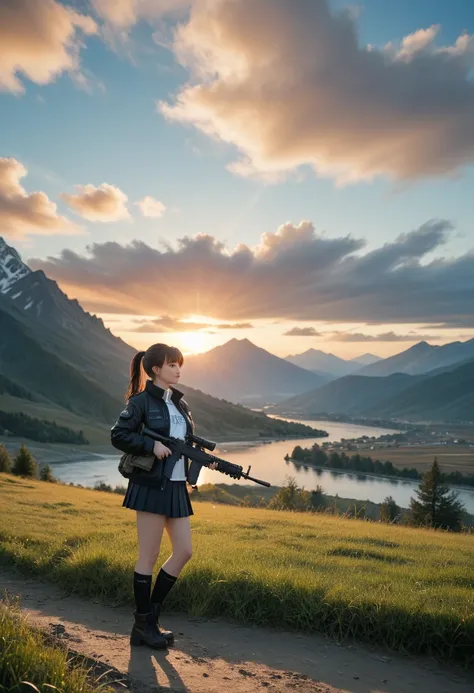 1girl, weapon, gun, solo, holding_weapon, rifle, ponytail, holding_gun, holding, socks, outdoors, jacket, black_socks, boots, black_hair, standing, skirt, long_hair, black_footwear, mountain, bangs, grass, sunset, assault_rifle, sky, trigger_discipline, cl...