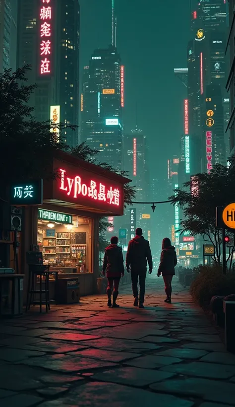 Anime illustration of a cyberpunk city street scene with full of neon lights, and futuristic buildings, featuring a futuristic city and buildings with neon lights and glowing features. The atmosphere is vibrant and bustling with less people in high-tech at...