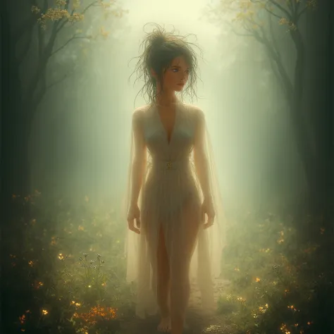 A beautiful young Caucasian woman with long flowing wet hair in a messy top knot, wearing an elegant, ethereal see-through robe peek a boo off her shoulders, raw, alluring, sensual, stands barefooted in an enchanted forest. Sunlight filters through the tre...