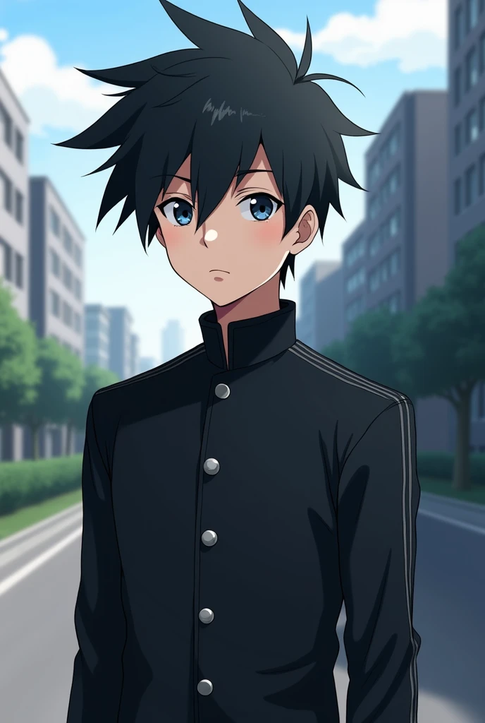  boy, 5’7 feet tall, black hair, slight spikey hair, some hair facing upwards, dark blue eyes, no white dots on eyes, stoic expression, looking at viewer, having a v taper body, wearing all black uniform with gray silver buttons, modern day, background cit...