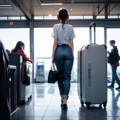 A beautiful woman is wearing loose baggy trouser. Pulling a cabin bag. Wearing a headset earphone. At the airport. Show full body. From behind.