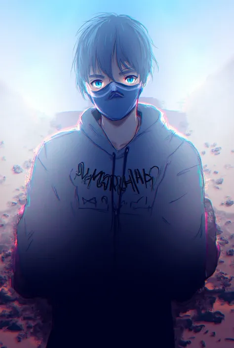 aanime  boy in full attitude stands beside a lamborgini , a boy wear a mask and his eyes shinig in blue colour < and back ground is like a adventurous and A is witten on his hoddie